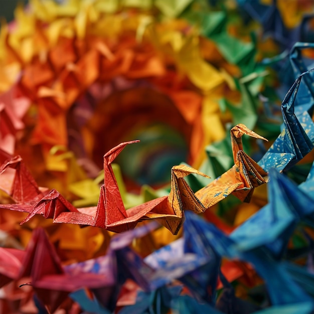 Erste vier Falten Origami Kränen farbenfroher Hintergrund rundes Origami Papierfalten Origami