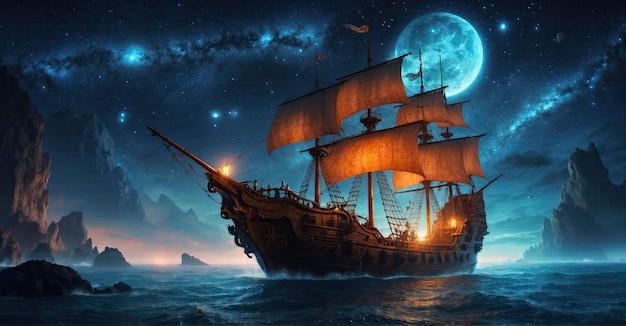 Erstellen Sie ein atemberaubendes 4K-Ultra-Bild mit einem Piratenschiff, das mit Biolumineszenz in ein glühendes Meer segelt