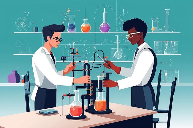 Erstellen Sie ein Bild eines Physiklabors mit Studenten, die Experimente mit den Prinzipien der Thermodynamik durchführen