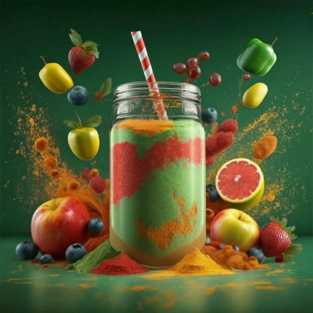 Erstellen Sie ein Bild von kühlen Roten und gelben Pulversaft mit grünen Früchten auf dem Glas.