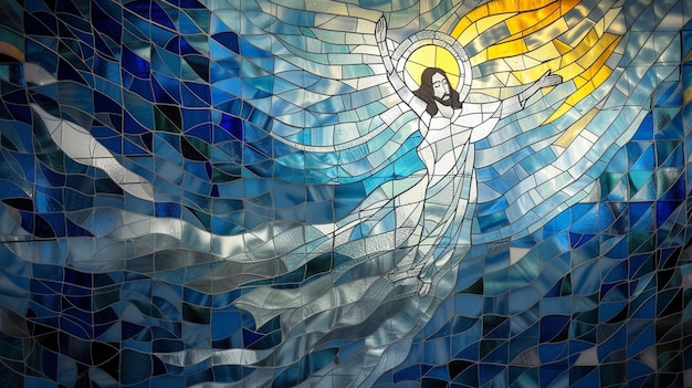 Erstellen Sie ein Buntglaskunstwerk, das den Aufstieg Jesu in den Himmel zeigt, mit aufwärts fließenden Linien und einem Spektrum von Blau und Weiß, um die himmlische Reise zu vermitteln