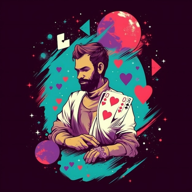 Erstellen Sie ein cooles T-Shirt-Design für einen Poker-Fan, einschließlich einer Karte 7 mit Platz und einer Karte 2 mit Herzen v