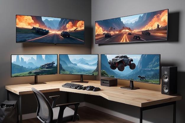 Foto erstellen sie ein mockup eines multi-monitor-gaming-setups mit einer dedizierten streaming-ecke und einer leeren wand für das branding