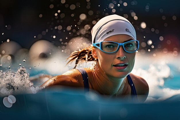 Erstellen Sie ein realistisches Bild einer Schwimmerin mit Schutzbrille und Schwimmmütze, die an einem Wettkampf teilnimmt