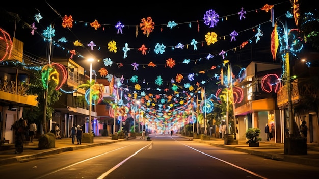 Erstellen Sie ein schillerndes Bild von Barranquilla, das nachts während des Karnevals beleuchtet wird