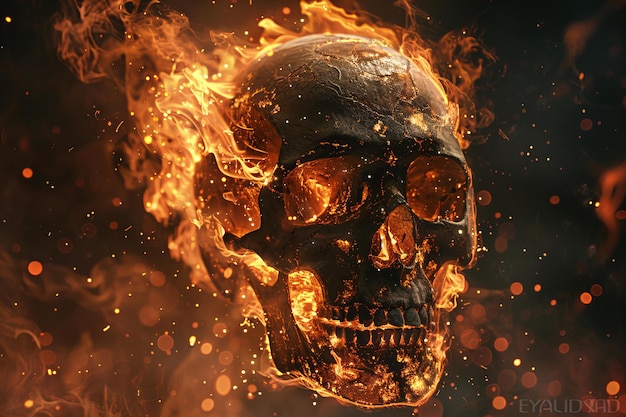 Erstellen Sie ein ultra-realistisches hochauflösendes digitales Kunstwerk des Schädels, der im Feuer explodiert.