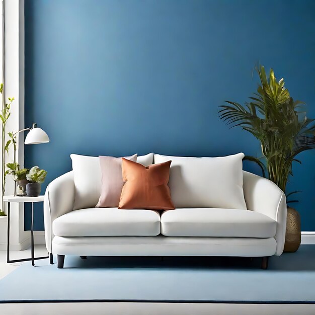 Erstellen Sie ein weißes Sofa oder Sofa mit einem Beistelltisch auf einem blauen Nova-farbigen Hintergrund AI