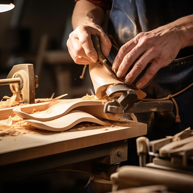 Erstellen Sie eine detaillierte Nahaufnahme der Hände eines Holzarbeiters mit einem Spokeshave, um die Kurven zu formen