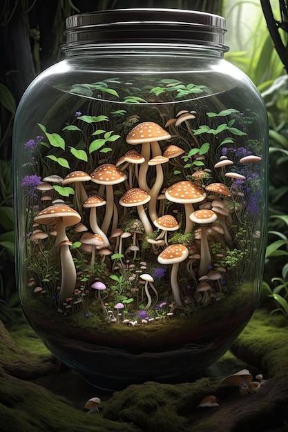 Erstellen Sie eine faszinierende und sehr detaillierte Darstellung eines majestätischen Pilzdschungels in einem Glas