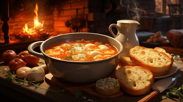 Foto erstellen sie eine gemütliche küchenszene mit einem kochenden topf mit herzhafter suppe und frisch gebackenem brot