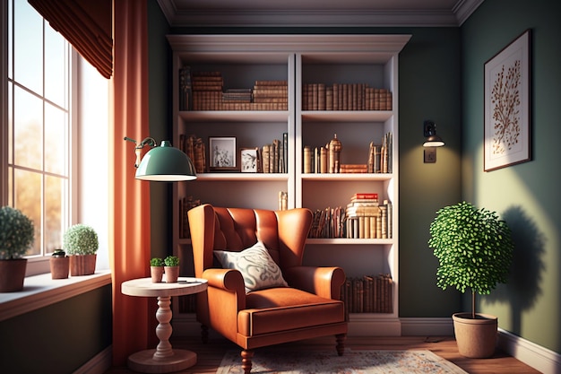 Erstellen Sie eine gemütliche Leseecke in Ihrem Büro mit dem bequemen Stuhllampen-Bücherregal und warmen Raumfarben, die durch natürliches Tageslicht mit generativer KI verbessert werden