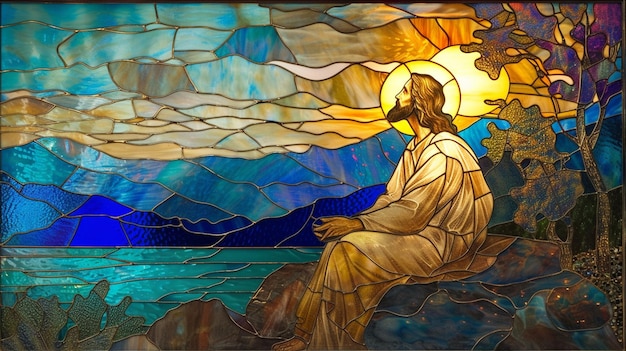 Erstellen Sie eine Glasmalerei von Jesus, der die Bergpredigt hält, mit Blau und Grün, um die Umgebung im Freien zu reflektieren, und mit goldenen Farbtönen für das göttliche Licht, das auf ihn scheint