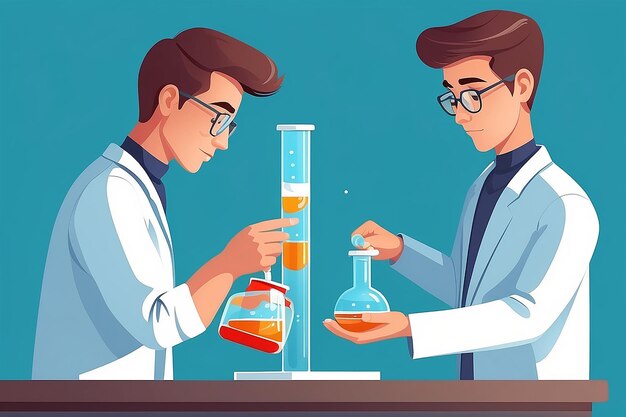 Erstellen Sie eine Nahaufnahme eines Studenten, der eine Lösung in einen graduierten Zylinder gießt, mit einer Präzisionsvektorillustration in flachen Experimenten