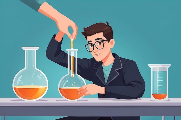 Erstellen Sie eine Nahaufnahme eines Studenten, der eine Lösung in einen graduierten Zylinder gießt, mit einer Präzisionsvektorillustration in flachen Experimenten