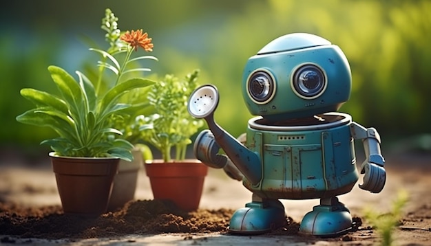 Erstellen Sie einen niedlichen 3D-Roboter, der speziell für Gartenarbeiten entwickelt wurde. Er könnte eine Bewässerungsdose, kleine Pflanzenbehälter und ein freundliches Gesicht haben, um im Garten zu arbeiten.