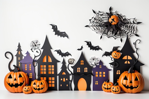 Erstellen Sie Halloween-Partydekorationen aus farbigem Papier auf weißem Hintergrund für fröhliche Feiertagsstimmung
