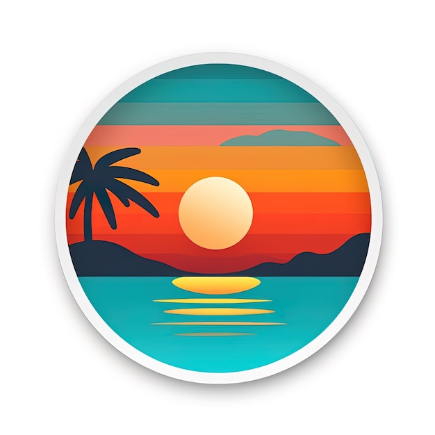Erstellen Sie mit generativer Kokosnuss-KI ein minimalistisches Motiv, das sich als Website-Symbol oder Logo auf weißem Hintergrund eignet und einen Sonnenaufgang an einem tropischen Strand zeigt