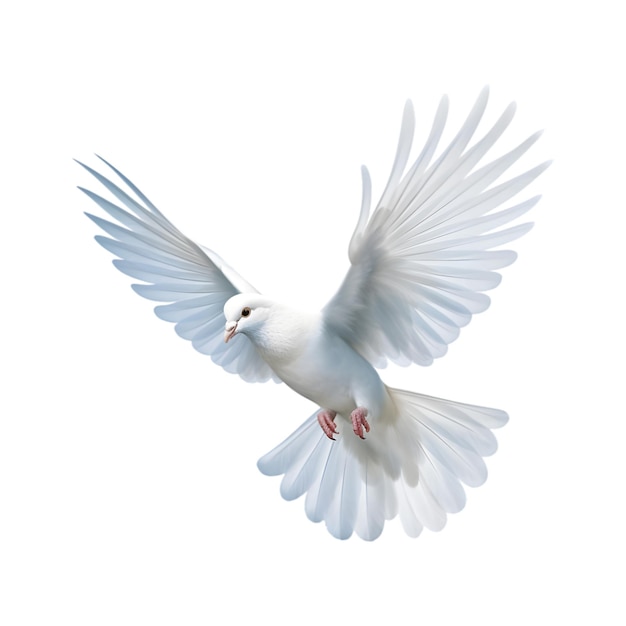 Erstellen Sie realistische Bilder von fliegenden weißen Tauben auf schlichten weißen Hintergründen in hoher Qualität