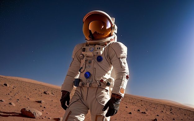 Erster Mensch auf dem Mars Astronaut im Raumanzug landete auf dem Mars in der Wüste Standortwahl auf dem Mars Roter Planet Erste bemannte Mission auf dem Mars Weltraumforschung Kolonisation generative ai