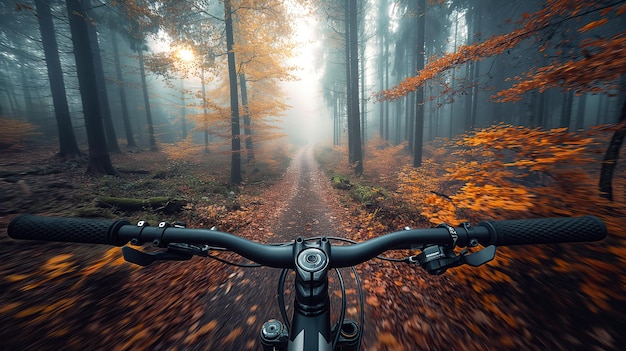 Erstpersönliche Sicht auf den Lenker eines Fahrradfahrers bei einem Extremsportrennen im Herbst im Nebelwald