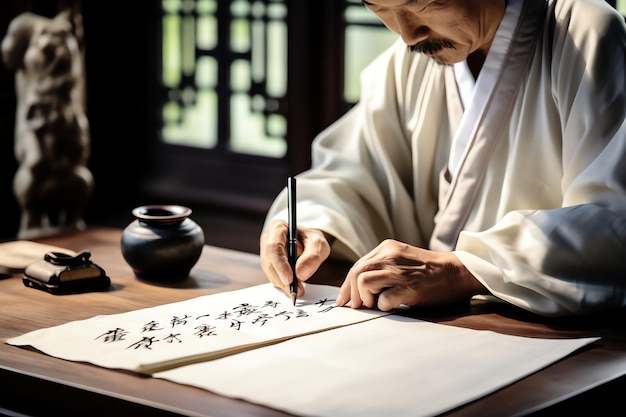 Erudito ou calígrafo chinês escrevendo caracteres elegantes foto de ilustração