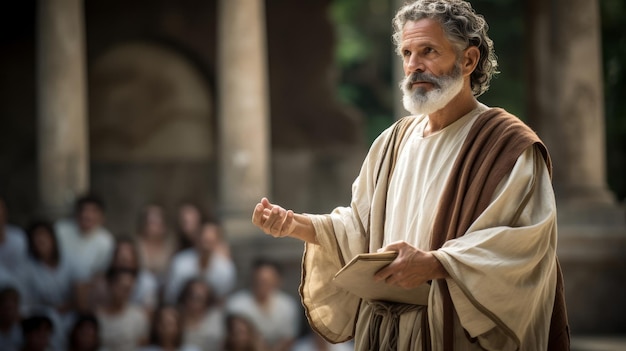 Foto un erudito romano da una conferencia de filosofía a una audiencia extasiada