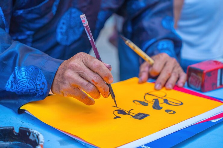 Foto un erudito vietnamita escribe caligrafía el festival de caligrafía es una tradición popular durante la festividad del tet escribir coplas para el año nuevo del festival de primavera