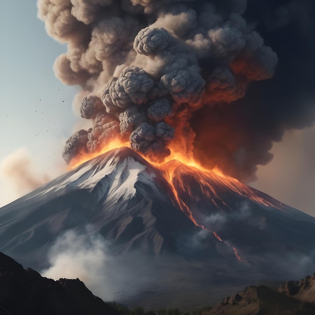 Erupção da montanha vomita fumaça chama cinza destruição perigo e poluição