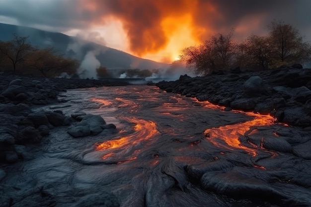 Erupção de cinzas e gás Rio de lava Paisagem surreal IA generativa