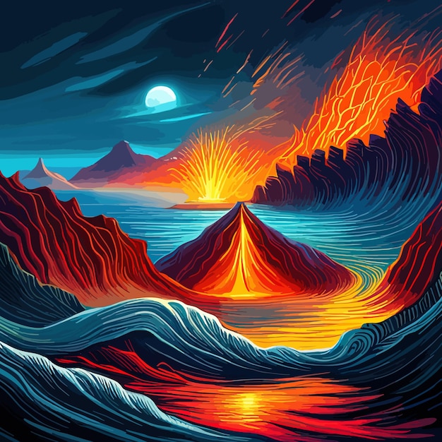 Erupção de cratera de vulcão com magma brilhante vermelho explosão vulcânica ativa com lava salpicos rochas flashes relâmpagos fumaça e poeira ilustração digital vetor