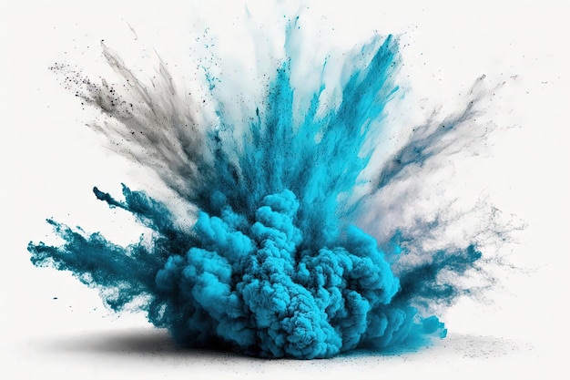 Foto erupção de pó azul vibrante em uma nuvem de fundo branco com cor a poeira brilhante explode color holi