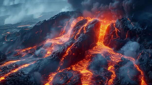 Erupção do vulcão de fluxo de lava