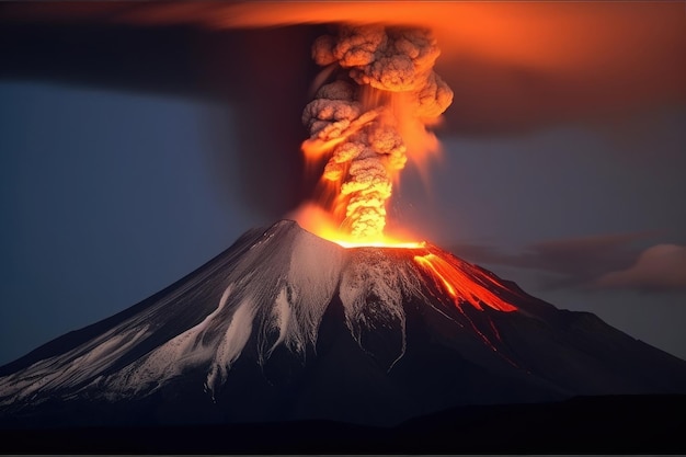 Erupção do vulcão Lava flui para fora da cratera do vulcão Generative AI