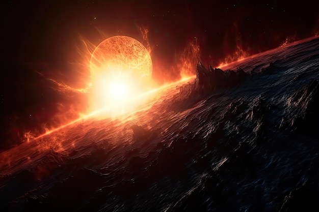 Erupção solar vista da superfície do planeta com vista para o céu estrelado