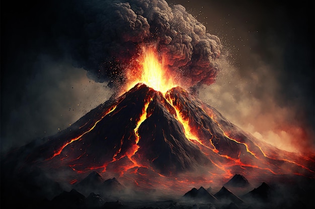 Erupção vulcânica com emissões de lava de fogo e fumaça escura gerada Midjourney AI