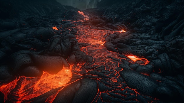 Erupção vulcânica com fluxo de lava generative ai