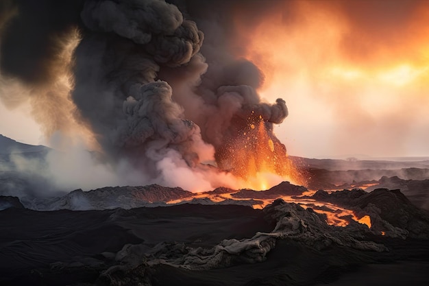 Erupção vulcânica com fluxos de lava e fumaça visível no horizonte