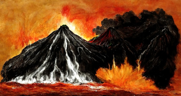 Foto erupção vulcânica do apocalipse fluxos de magma de lava fluem pela boca do vulcão liberação de cinzas e enxofre na atmosfera grande erupção vulcânica um desastre ambiental global