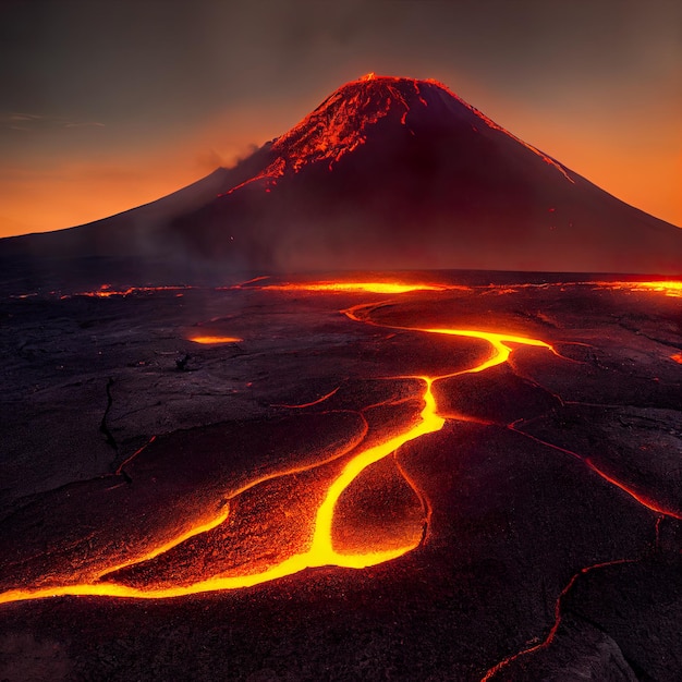 Foto erupção vulcânica e arte digital do vulcão ativo da lava