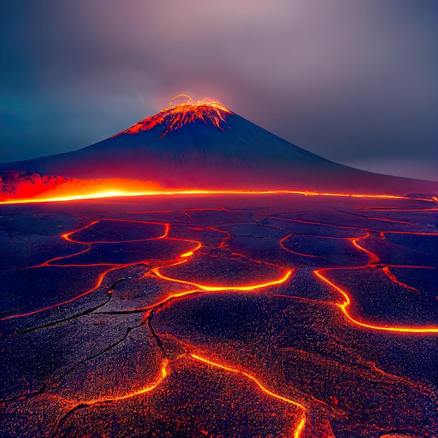 Erupção vulcânica e arte digital do vulcão ativo da lava