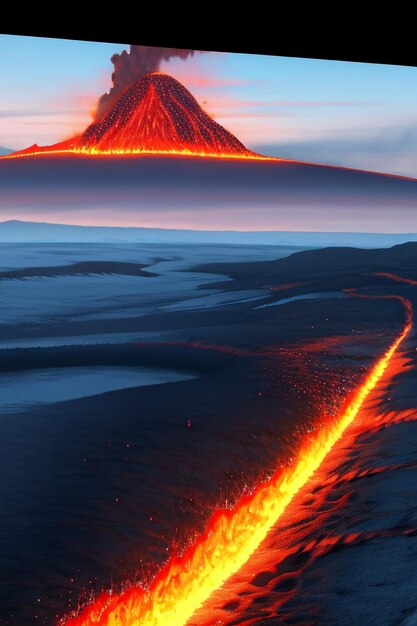 Foto erupção vulcânica fluxo de magma de alta temperatura formando paisagem natural fundo de lava dourada