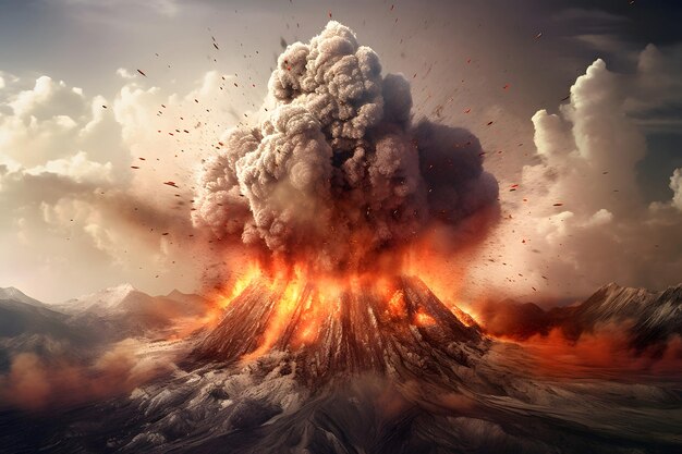 erupção vulcânica genérica durante o dia Rede neural gerada em maio de 2023 Não baseada em nenhuma cena ou padrão real