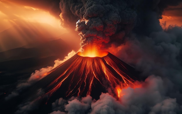 Erupção vulcânica Lava explode de uma cratera de vulcão