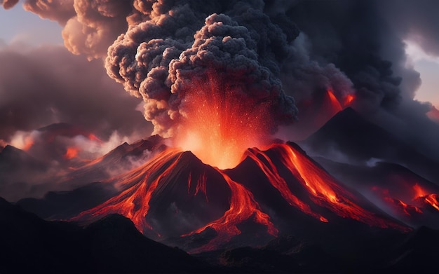 Erupção vulcânica Lava explode de uma cratera de vulcão