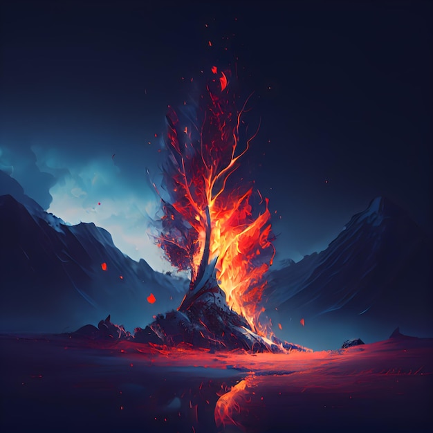 Erupção vulcânica na ilustração 3D das montanhas de uma erupção vulcânica