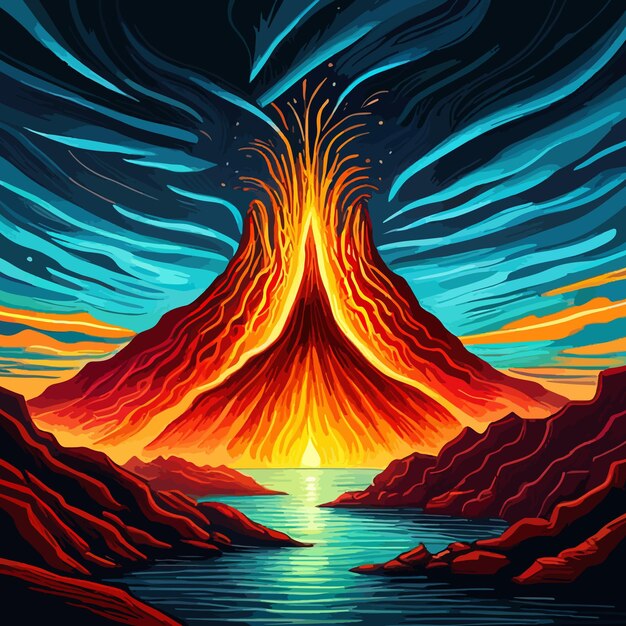 Foto erupción del cráter del volcán con magma rojo ardiente explosión volcánica activa con salpicaduras de lava rocas relámpagos humo y polvo ilustración digital vectorial