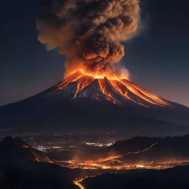 Foto la erupción de la montaña arroja humo, llamas, ceniza, destrucción, peligro y contaminación.