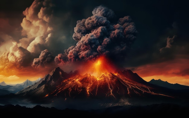 La erupción del volcán de energía cruda en su apogeo