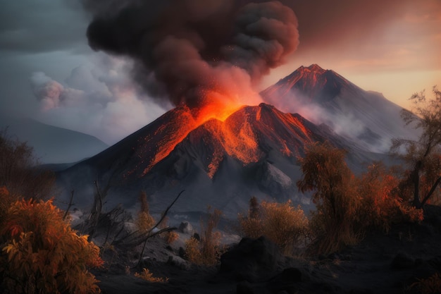 La erupción del volcán es intensa y amenaza el paisaje generativo IA