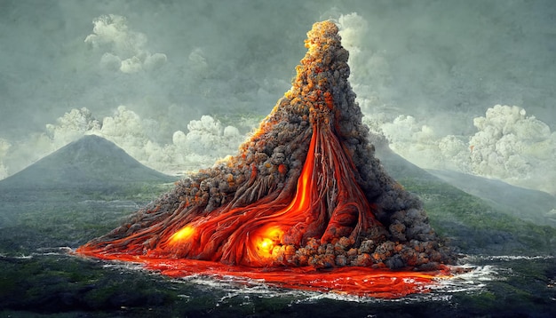 Foto erupción del volcán en la escena de la naturaleza en la noche ai generativo